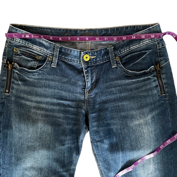 Express jeans women’s size 8 blue zipper pocket straight preppy Super Low Rise - Picture 3 of 12